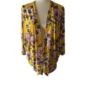 Lime N Chili Yellow Floral Knit Open Front Long Sleeve Cardigan Sweater S
